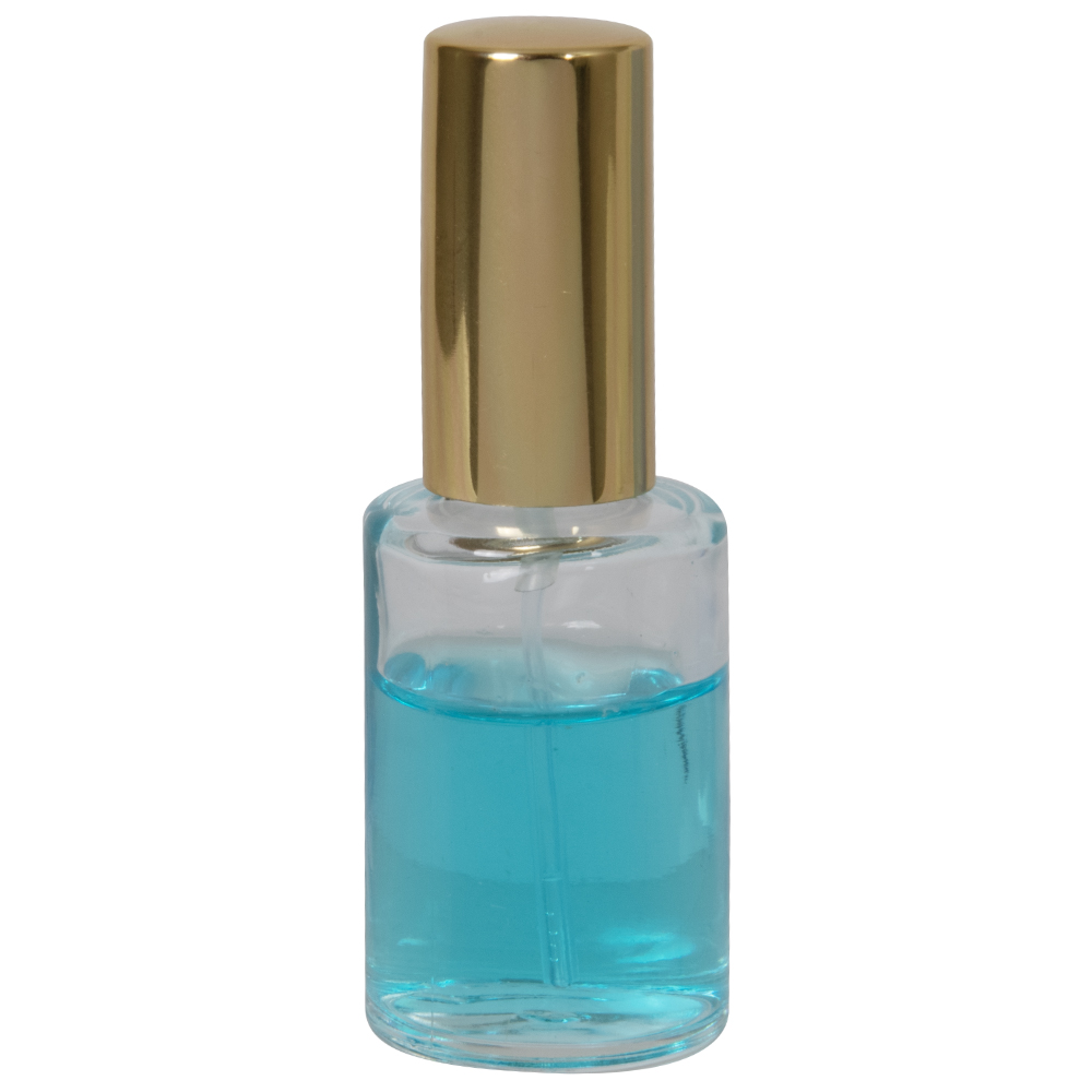 30mL (1 oz.) Clear Stubby Cylinder Glass Bottle with 18/415 Gold Metal Finger Sprayer with Swirl Collar & Overcap