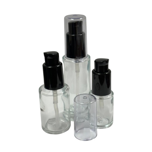 Round & Square Glass Bottles with Denali Treatment Pumps with Tall Smooth Collars & Overcaps