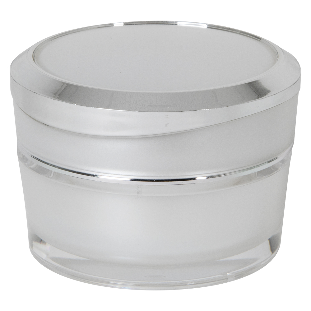 30mL Clear Acrylic Outer with Pearlescent Inner Spray & White Polypropylene Inner Round Jar with Silver-Accented Cap & White Disc Liner