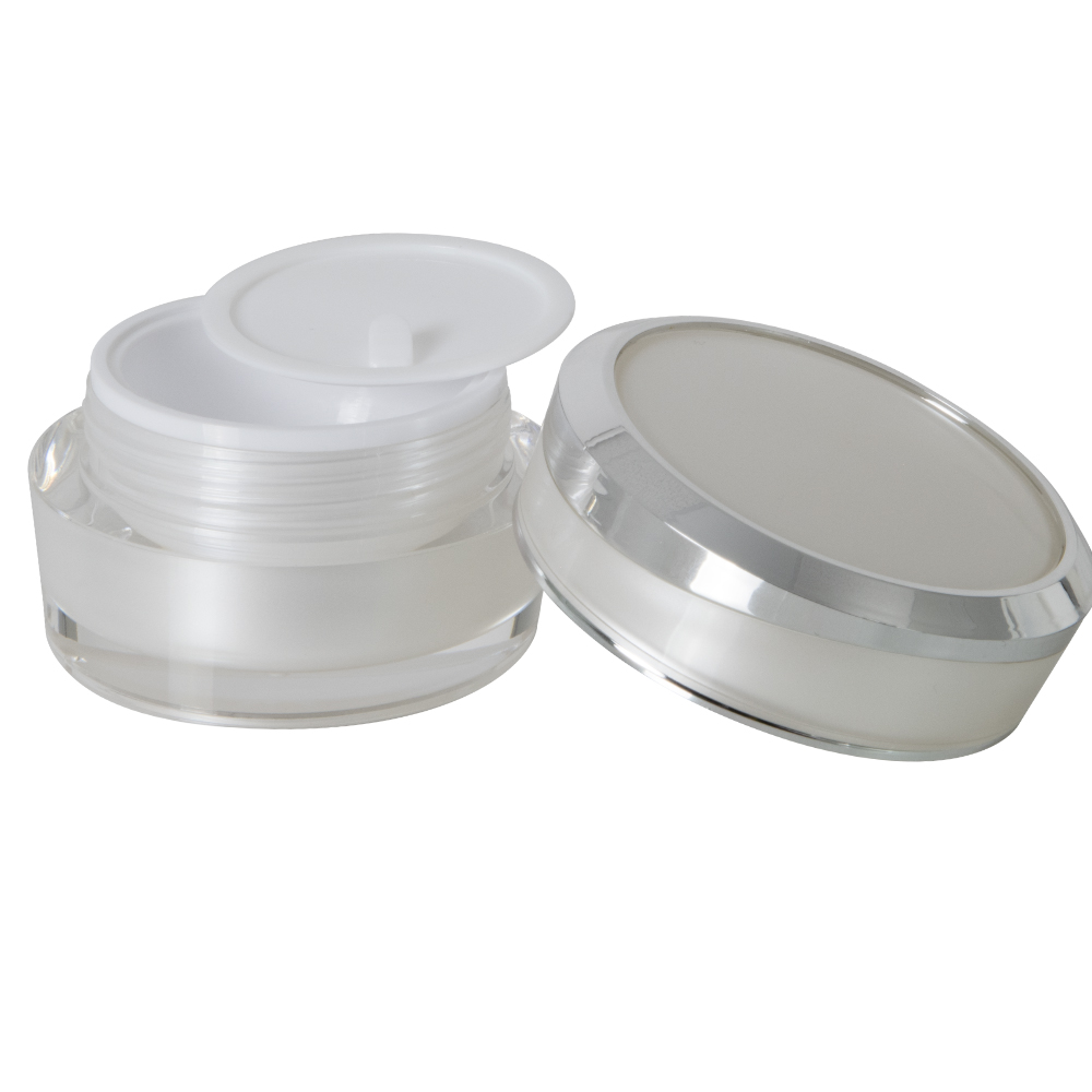 30mL Clear Acrylic Outer with Pearlescent Inner Spray & White Polypropylene Inner Round Jar with Silver-Accented Cap & White Disc Liner