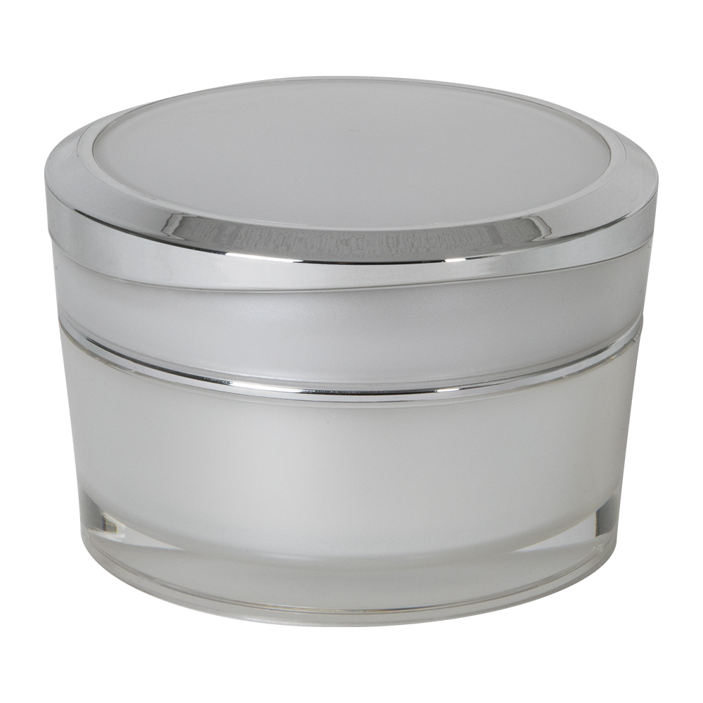 50mL Clear Acrylic Outer with Pearlescent Inner Spray & White Polypropylene Inner Round Jar with Silver-Accented Cap & White Disc Liner