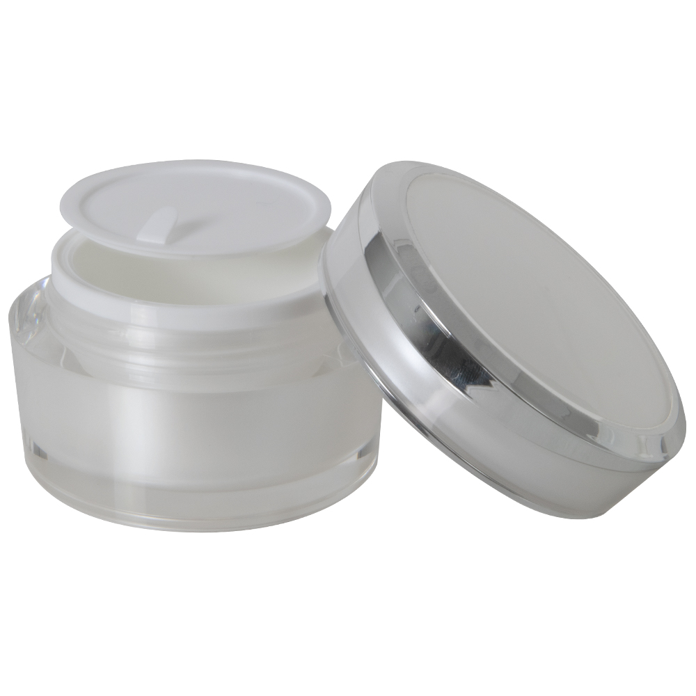 50mL Clear Acrylic Outer with Pearlescent Inner Spray & White Polypropylene Inner Round Jar with Silver-Accented Cap & White Disc Liner