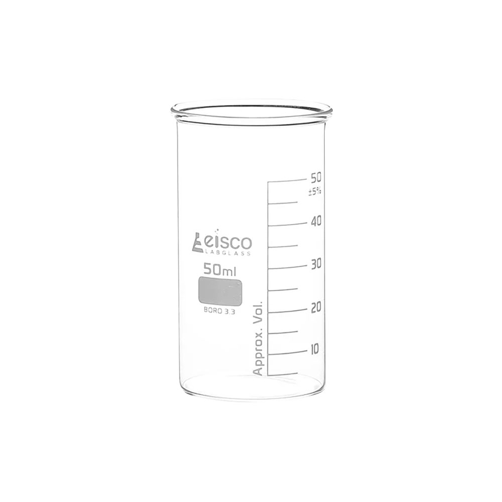 50mL Tall Form Clear Borosilicate Glass Berzelius Beaker without Spout - Case of 12