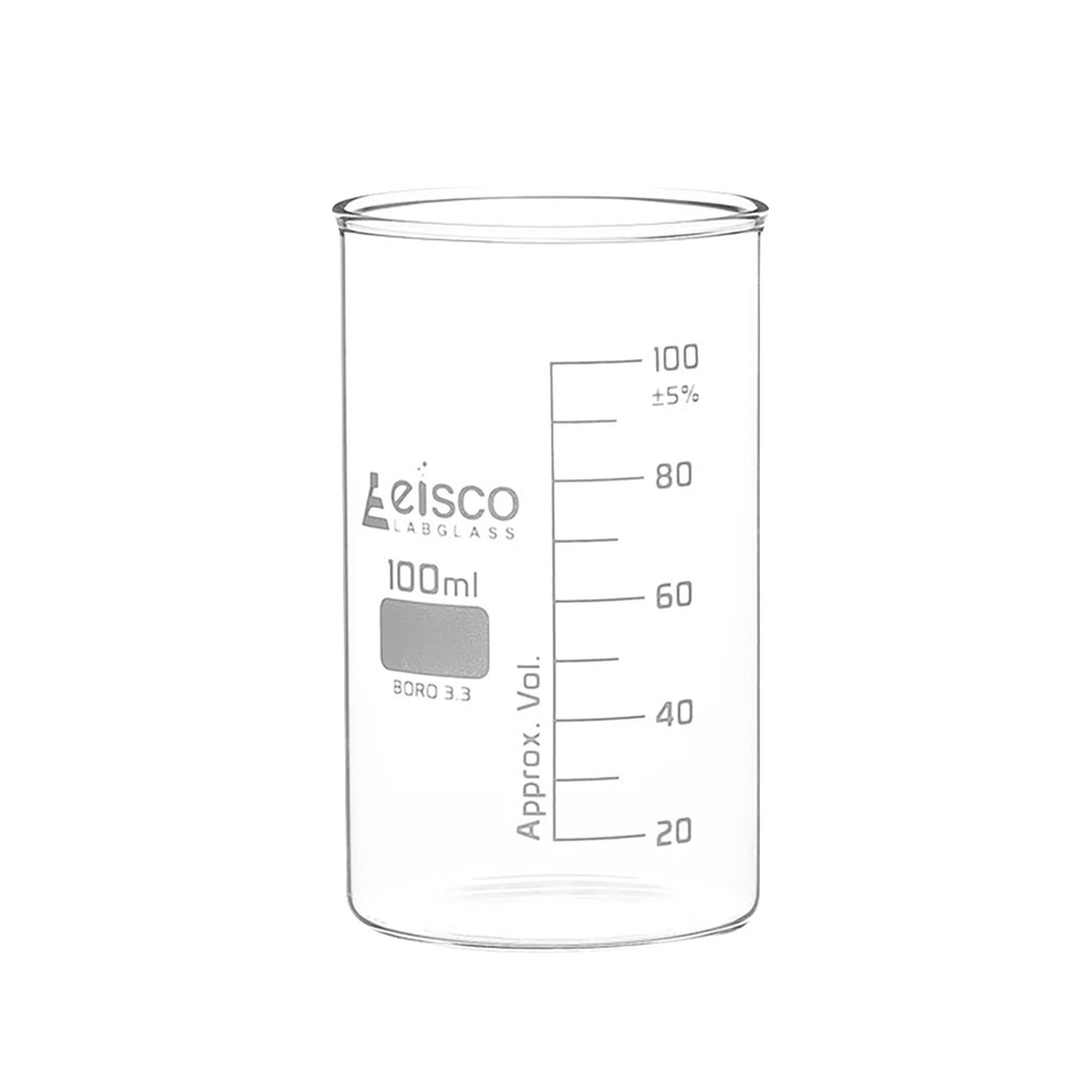 100mL Tall Form Clear Borosilicate Glass Berzelius Beaker without Spout - Case of 12