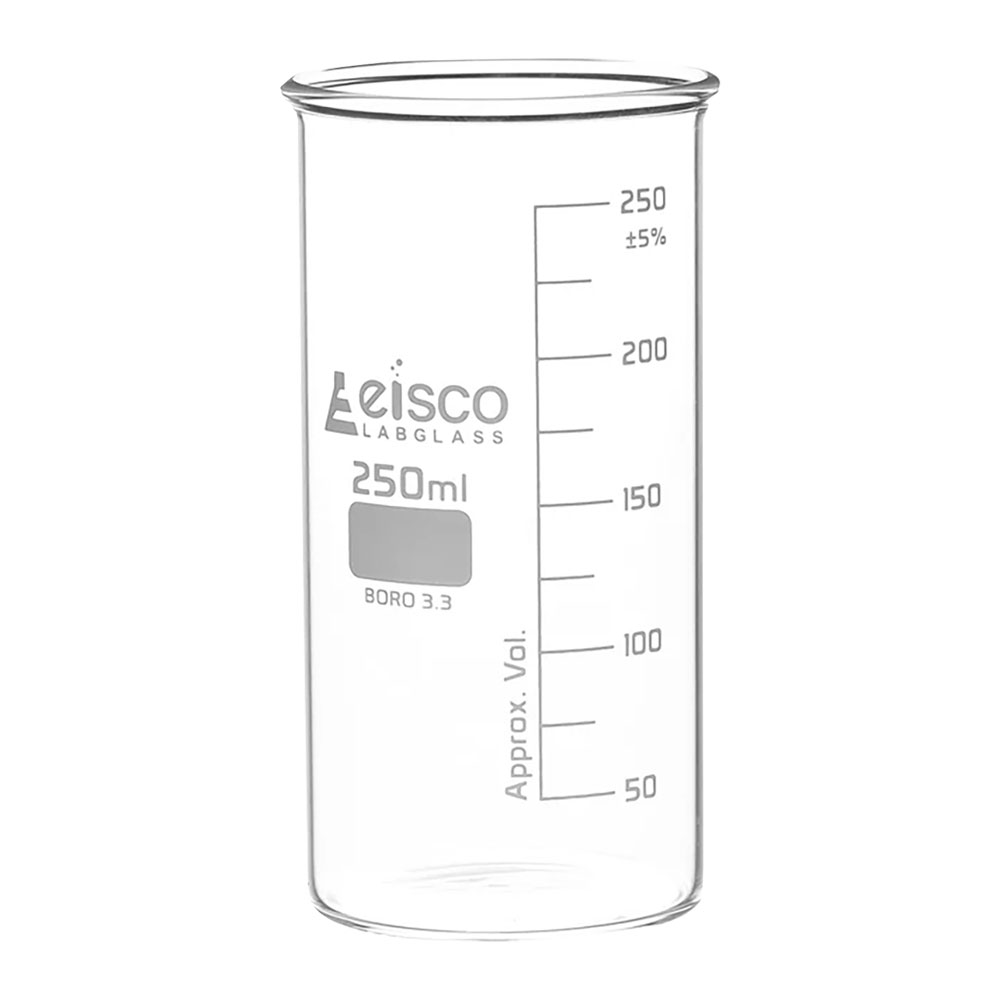 250mL Tall Form Clear Borosilicate Glass Berzelius Beaker without Spout - Case of 12
