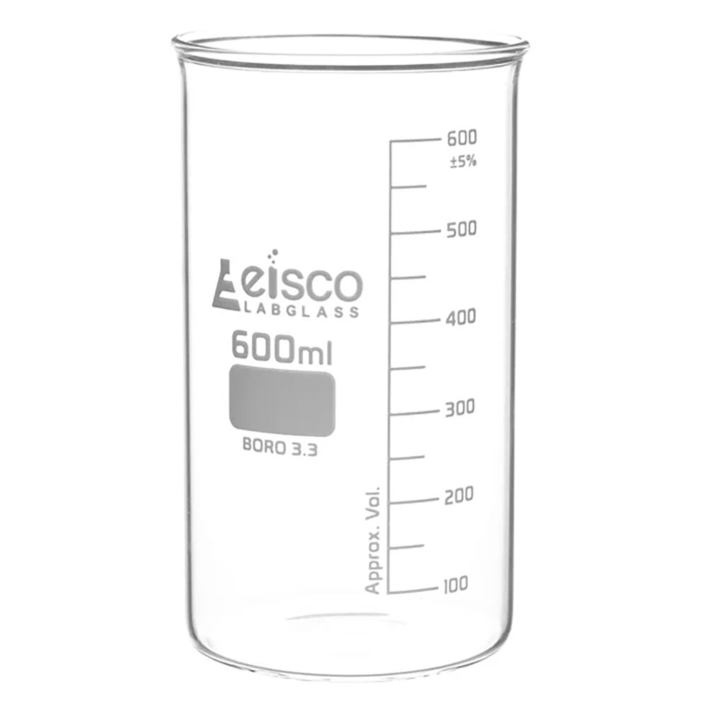 600mL Tall Form Clear Borosilicate Glass Berzelius Beaker without Spout - Case of 6