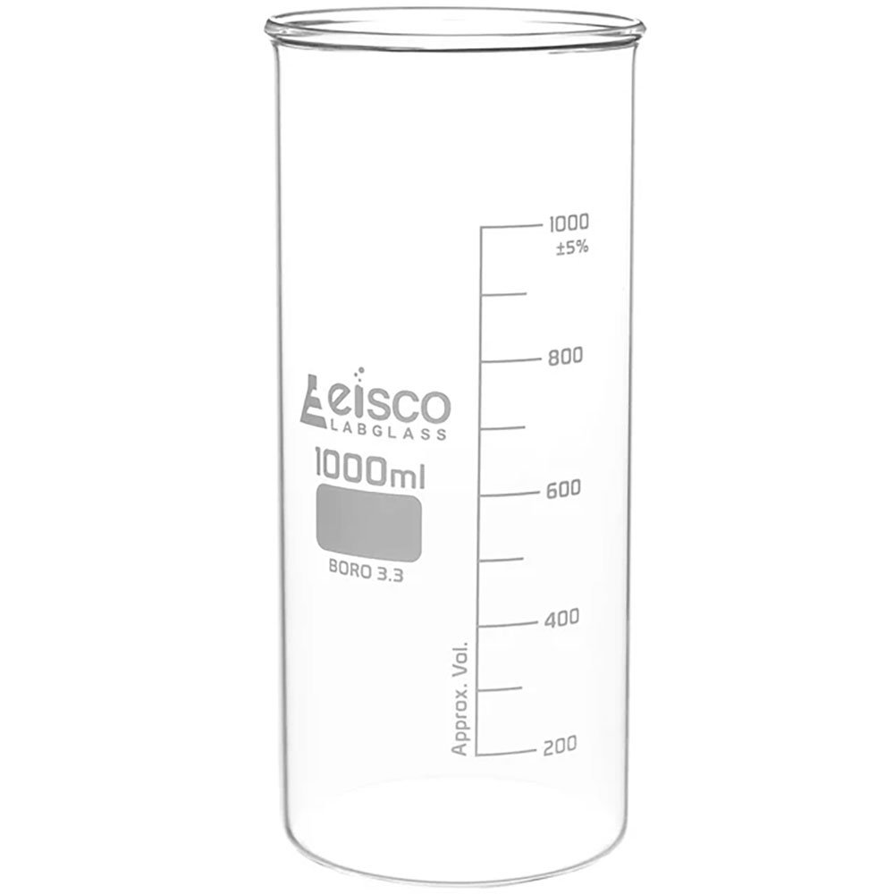 1000mL Tall Form Clear Borosilicate Glass Berzelius Beaker without Spout - Case of 6