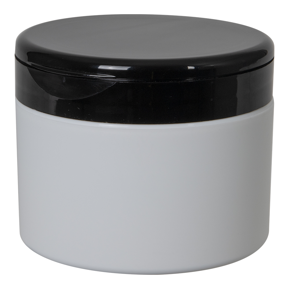 8 oz. White Frosted Polypropylene Straight-Sided Double-Walled Round Jar with 89/400 Black Snap-Top Cap