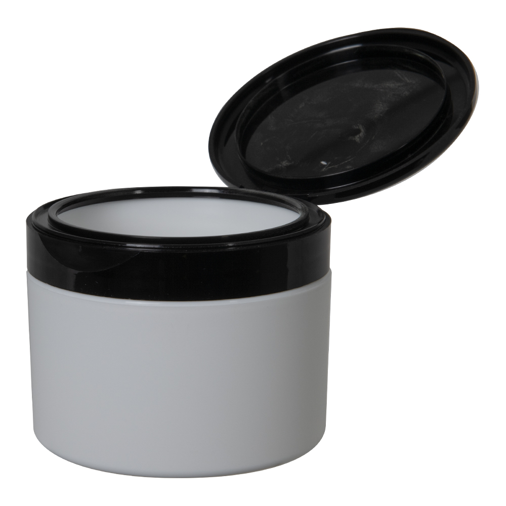 8 oz. White Frosted Polypropylene Straight-Sided Double-Walled Round Jar with 89/400 Black Snap-Top Cap