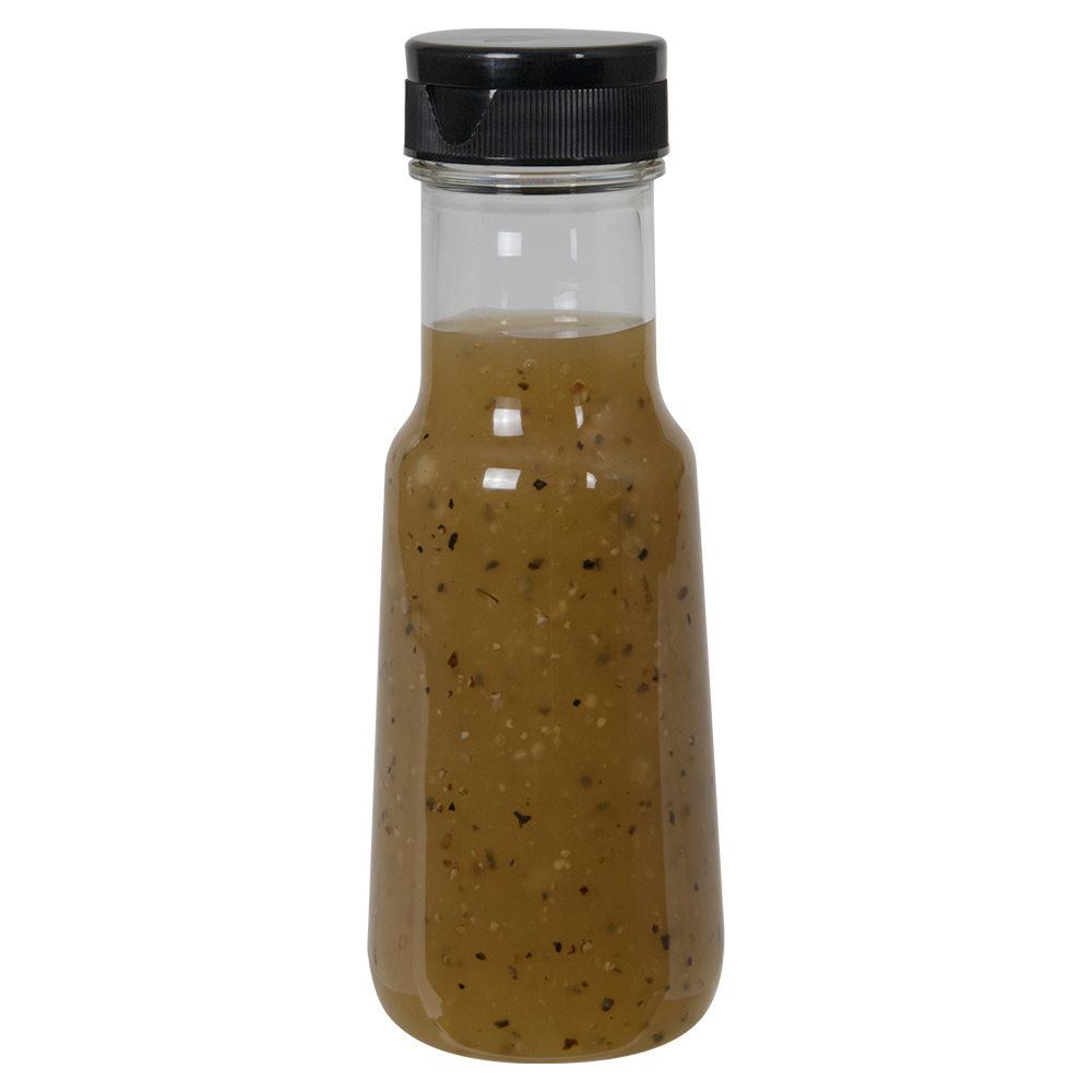 6 oz. Clear PET Bell Bottle with 38/400 Black Ribbed Snap-Top Dispensing Cap with Foil Heat Induction Liner