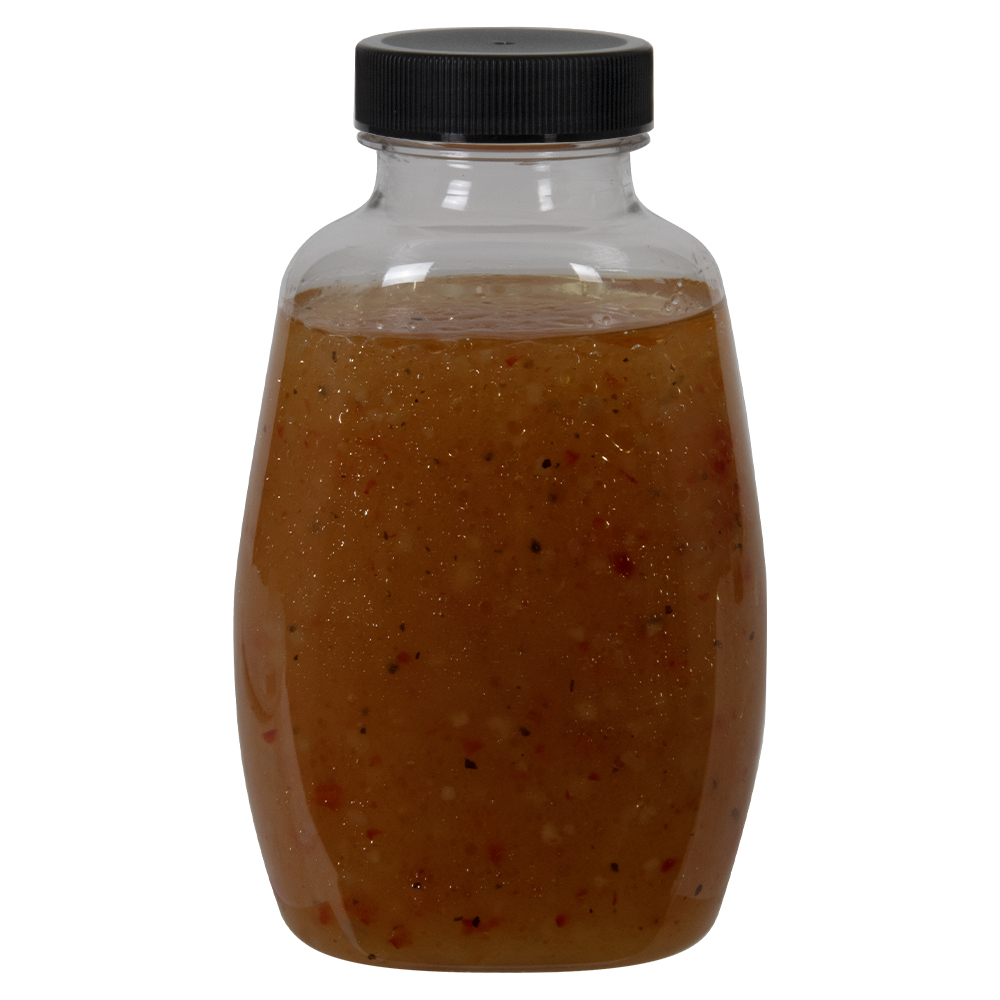 9 oz. Clear PET Clark Oblong Bottle with 38/400 Black Ribbed Cap with F217 Liner