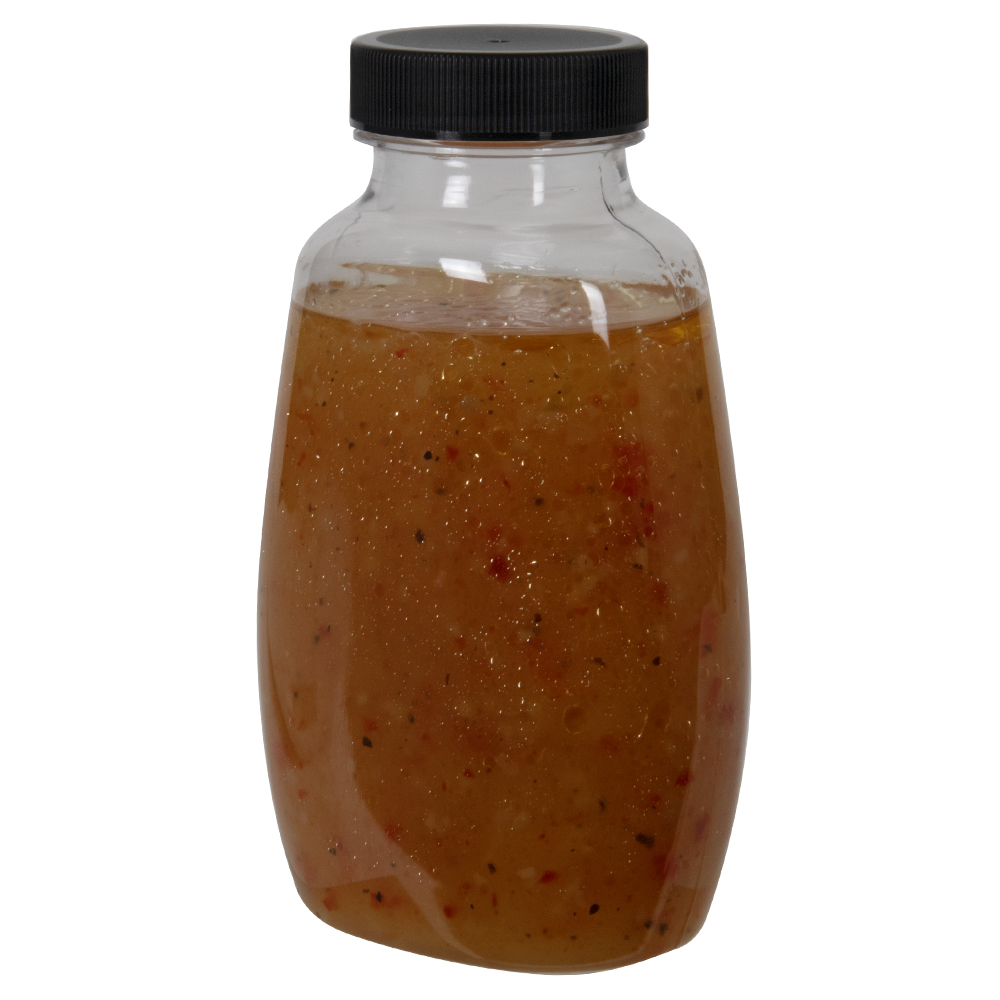 9 oz. Clear PET Clark Oblong Bottle with 38/400 Black Ribbed Cap with F217 Liner