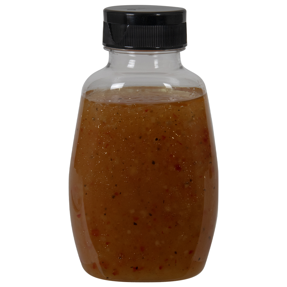 9 oz. Clear PET Clark Oblong Bottle with 38/400 Black Ribbed Snap-Top Dispensing Cap