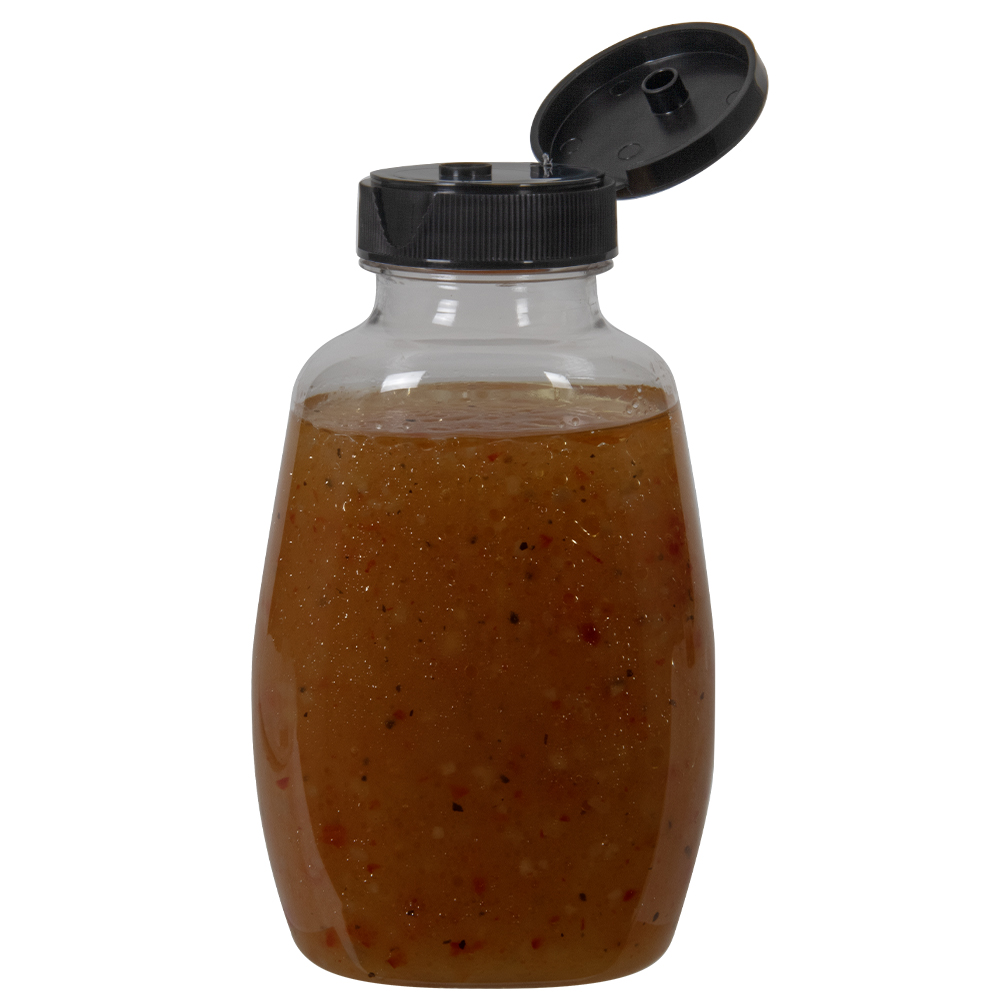 9 oz. Clear PET Clark Oblong Bottle with 38/400 Black Ribbed Snap-Top Dispensing Cap