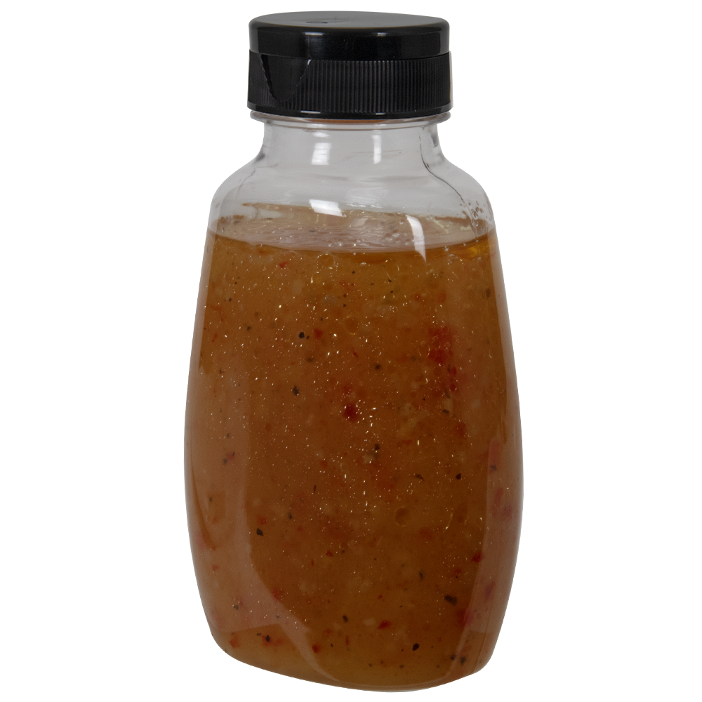 9 oz. Clear PET Clark Oblong Bottle with 38/400 Black Ribbed Snap-Top Dispensing Cap
