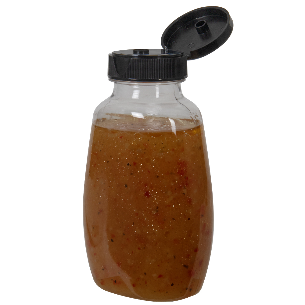 9 oz. Clear PET Clark Oblong Bottle with 38/400 Black Ribbed Snap-Top Dispensing Cap