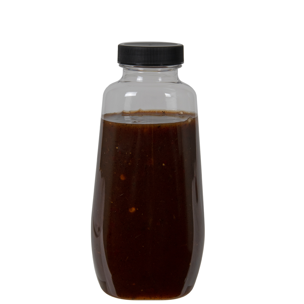 12 oz. Clear PET Clark Oblong Bottle with 38/400 Black Ribbed Cap with Foil Induction Seal