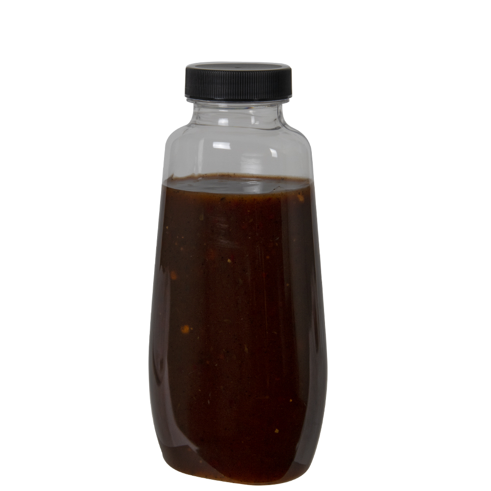 12 oz. Clear PET Clark Oblong Bottle with 38/400 Black Ribbed Cap with Foil Induction Seal