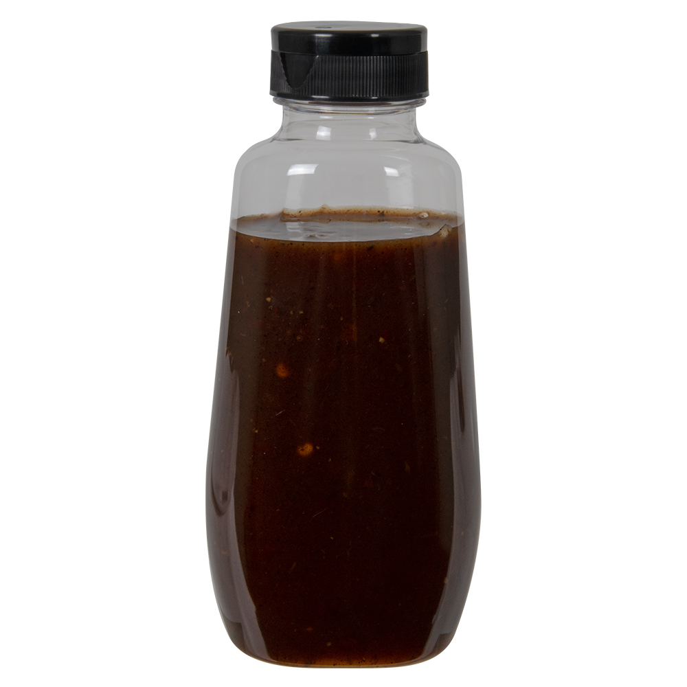 12 oz. Clear PET Clark Oblong Bottle with 38/400 Black Ribbed Snap-Top Dispensing Cap