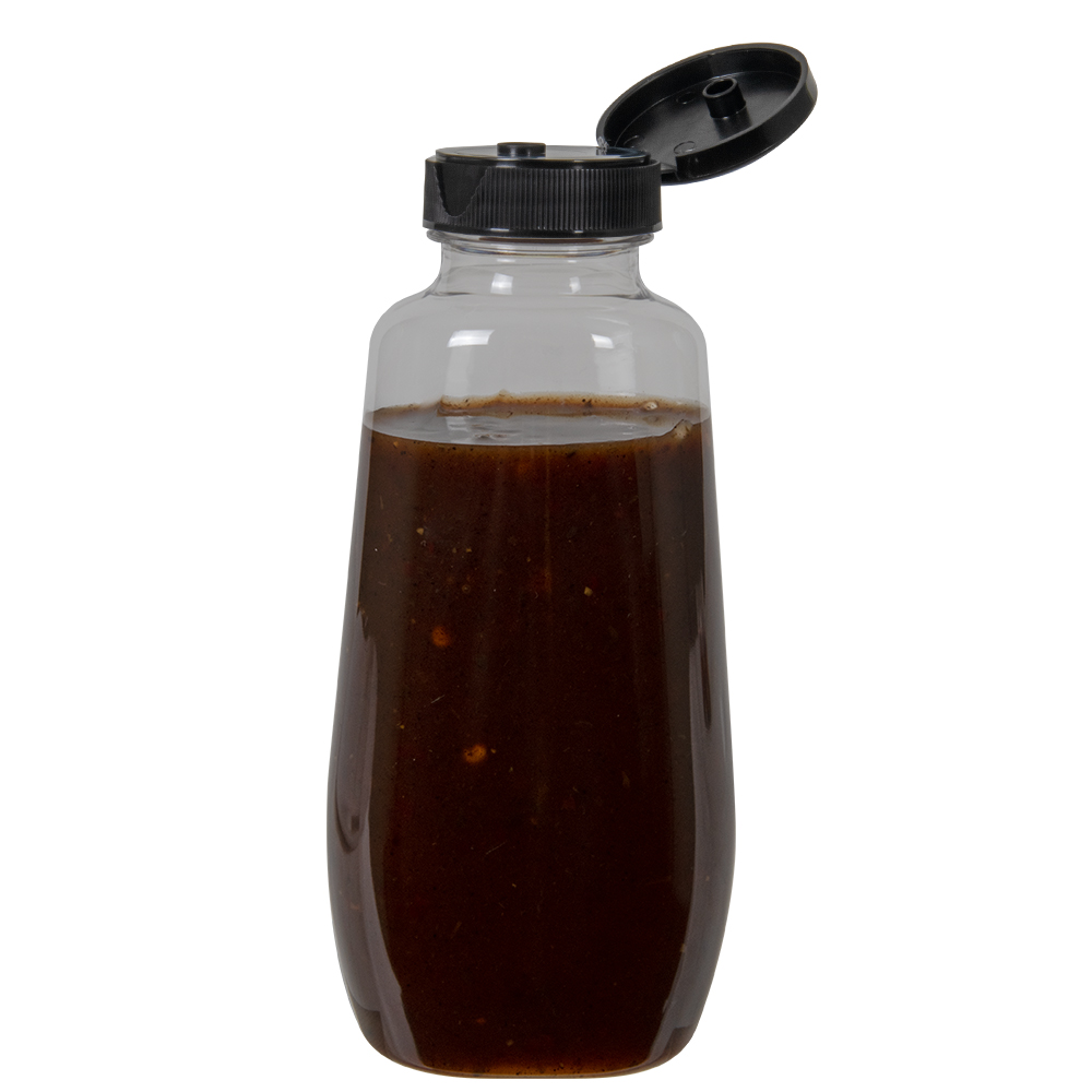 12 oz. Clear PET Clark Oblong Bottle with 38/400 Black Ribbed Snap-Top Dispensing Cap