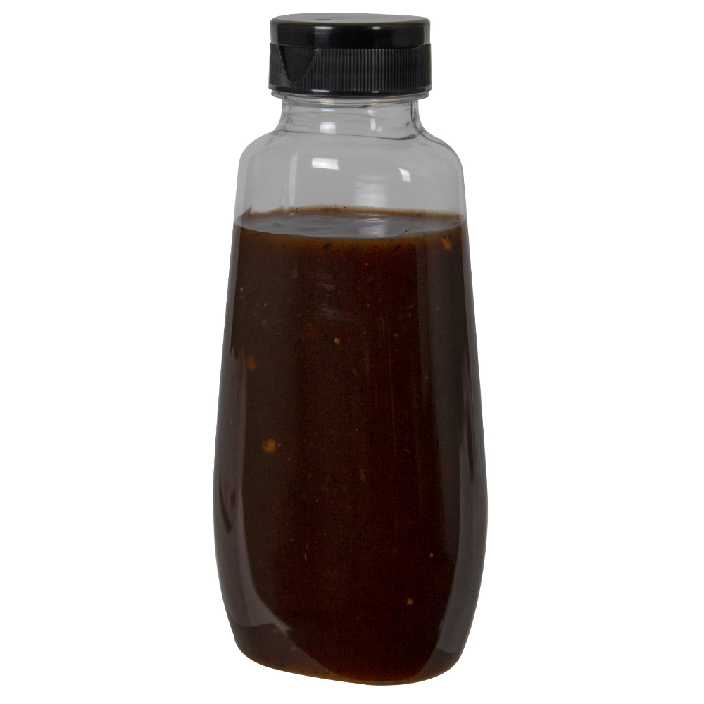 12 oz. Clear PET Clark Oblong Bottle with 38/400 Black Ribbed Snap-Top Dispensing Cap