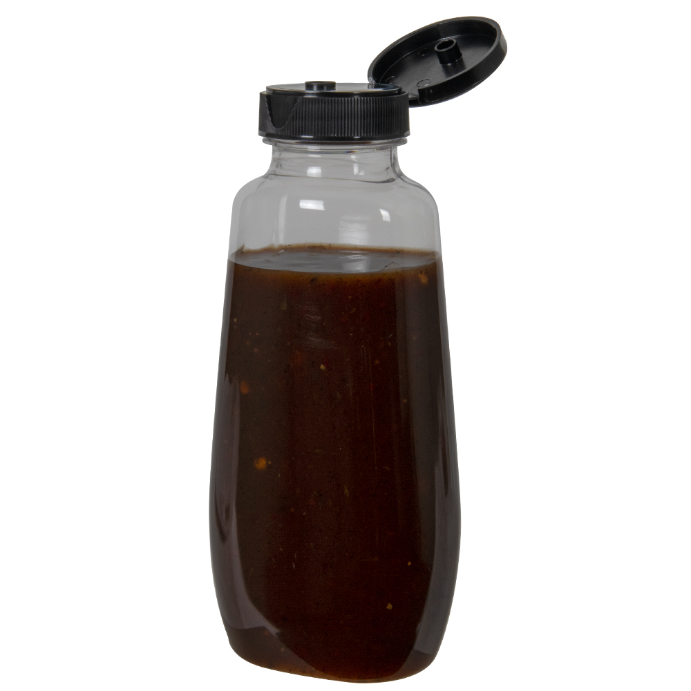 12 oz. Clear PET Clark Oblong Bottle with 38/400 Black Ribbed Snap-Top Dispensing Cap