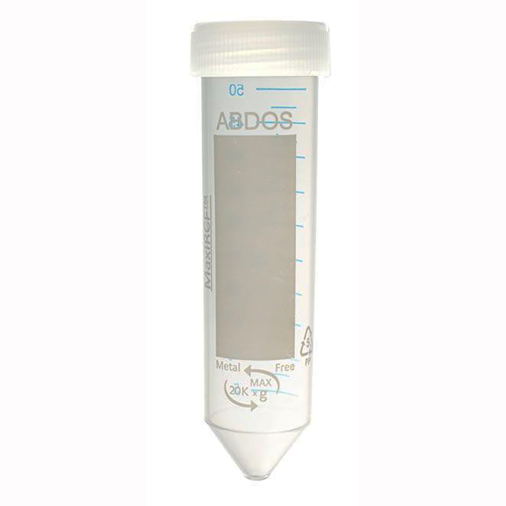50mL Non-Sterile Clear Polypropylene MaxiRCF™ Metal-Free Centrifuge Tube with Attached White Screw Cap - Bulk Packaged; Case of 500