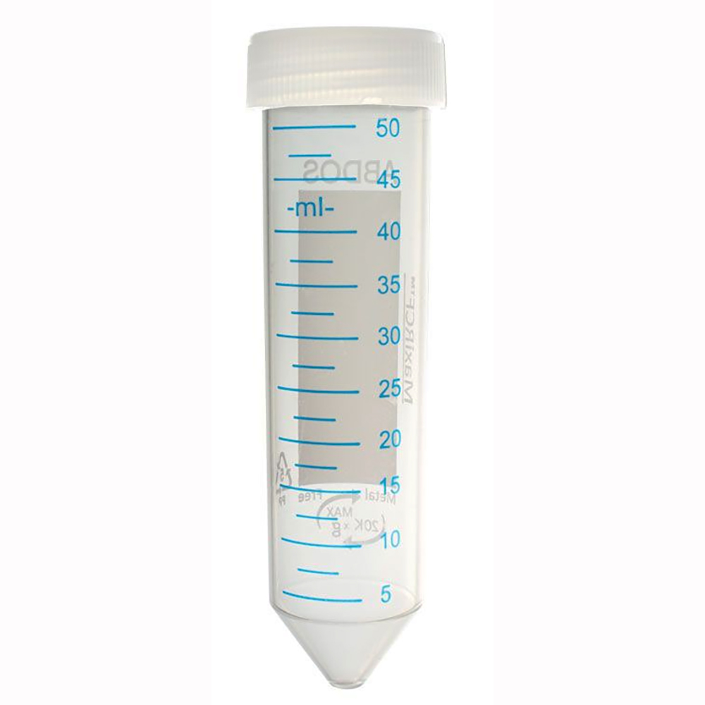 50mL Non-Sterile Clear Polypropylene MaxiRCF™ Metal-Free Centrifuge Tube with Attached White Screw Cap - Bulk Packaged; Case of 500