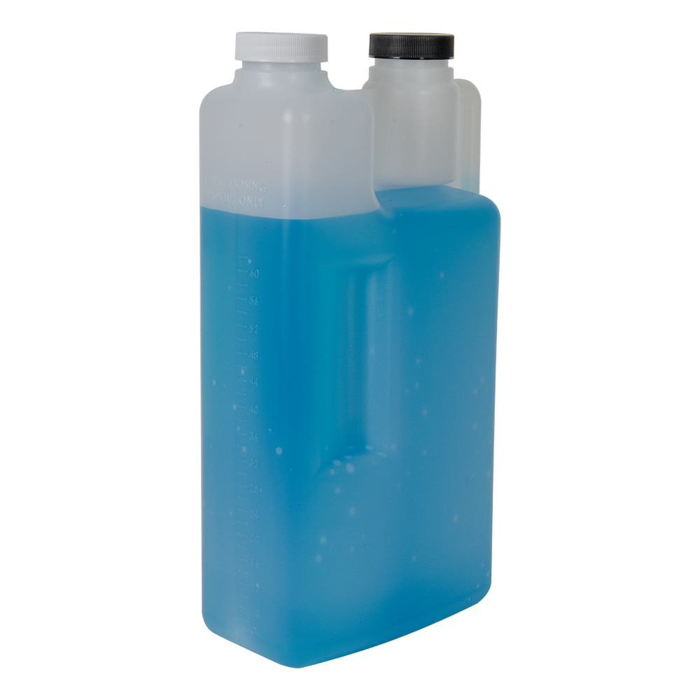64 oz. Natural HDPE Twin Neck Dosing Bottle with 1 & 2 oz. Dispensing Chambers & (1 each) 38/400 Black & White Ribbed Caps with F217 Liner