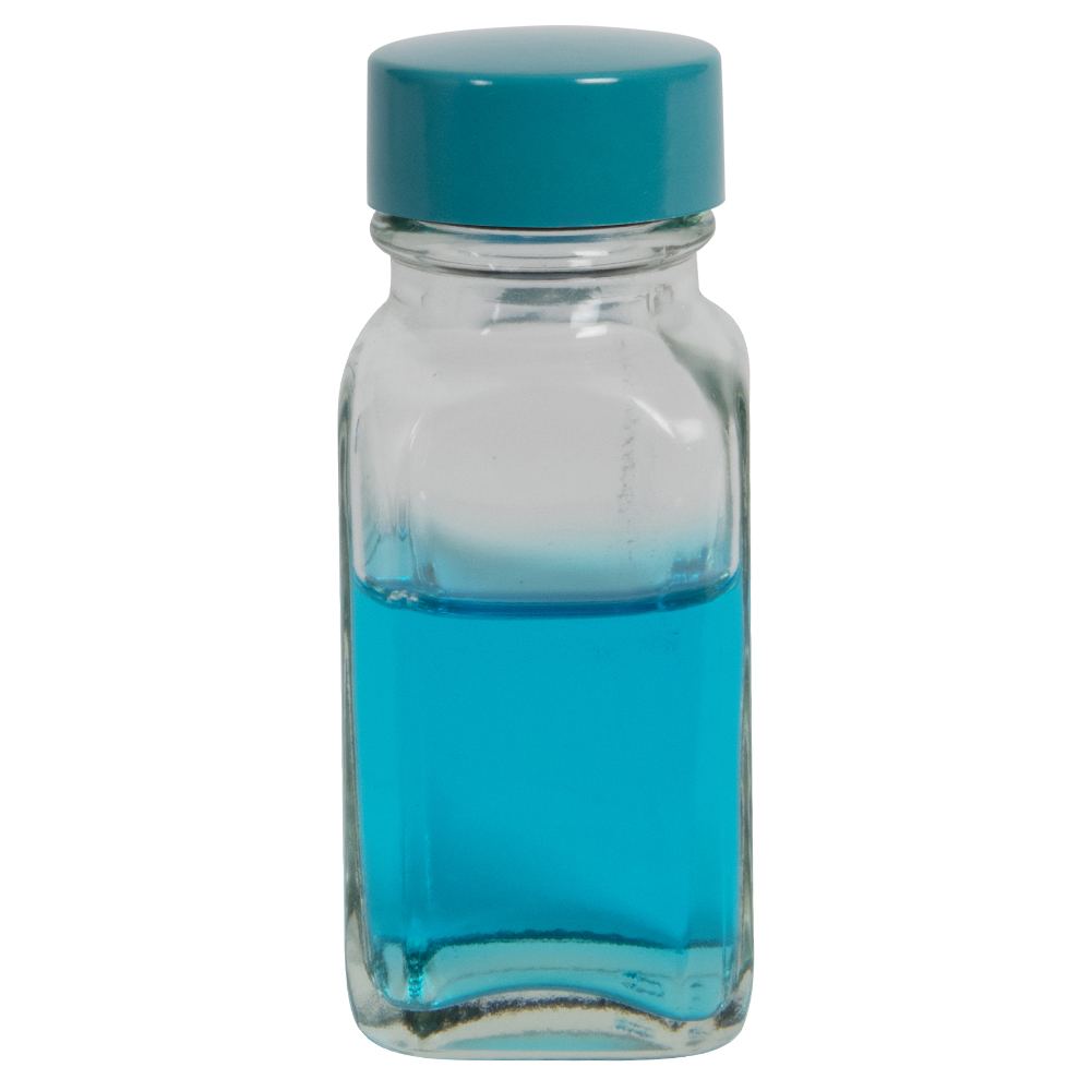1 oz. Wide Mouth French Square Glass Bottle with 24/400 Green Melamine Cap with F217 & PTFE Liner