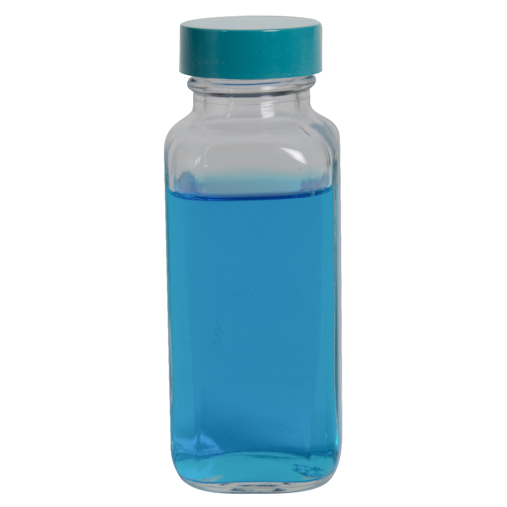 4 oz. Wide Mouth French Square Glass Bottle with 33/400 Green Melamine Cap with F217 & PTFE Liner
