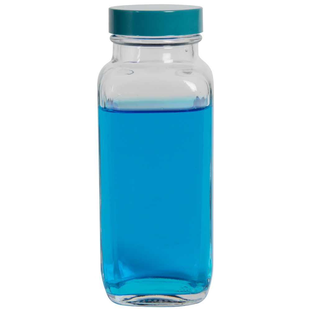 8 oz. Wide Mouth French Square Glass Bottle with 43/400 Green Melamine Cap with F217 & PTFE Liner