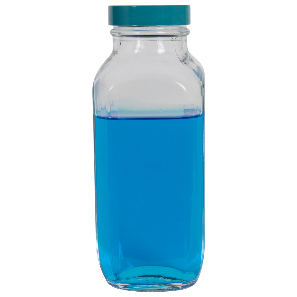 16 oz. Wide Mouth French Square Glass Bottle with 48/400 Green Melamine Cap with F217 & PTFE Liner