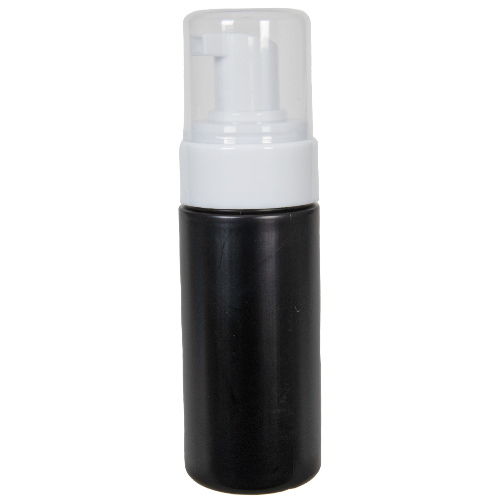120mL Black HDPE Foaming-Style Cylinder Bottle with 43mm White Polypropylene Dispensing Foaming Pump & Clear Overcap