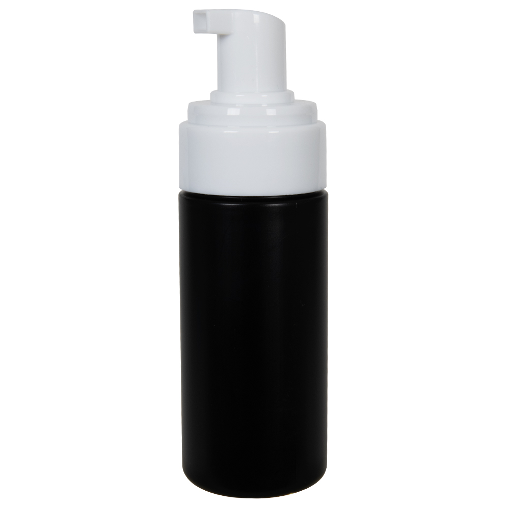 120mL Black HDPE Foaming-Style Cylinder Bottle with 43mm White Polypropylene Dispensing Foaming Pump & Clear Overcap