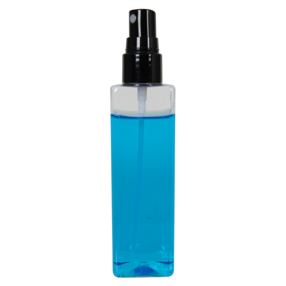 4 oz. Clear PET Square Bottle with 20/410 Smooth Black Fine Mist Finger Sprayer & 0.14mL Output