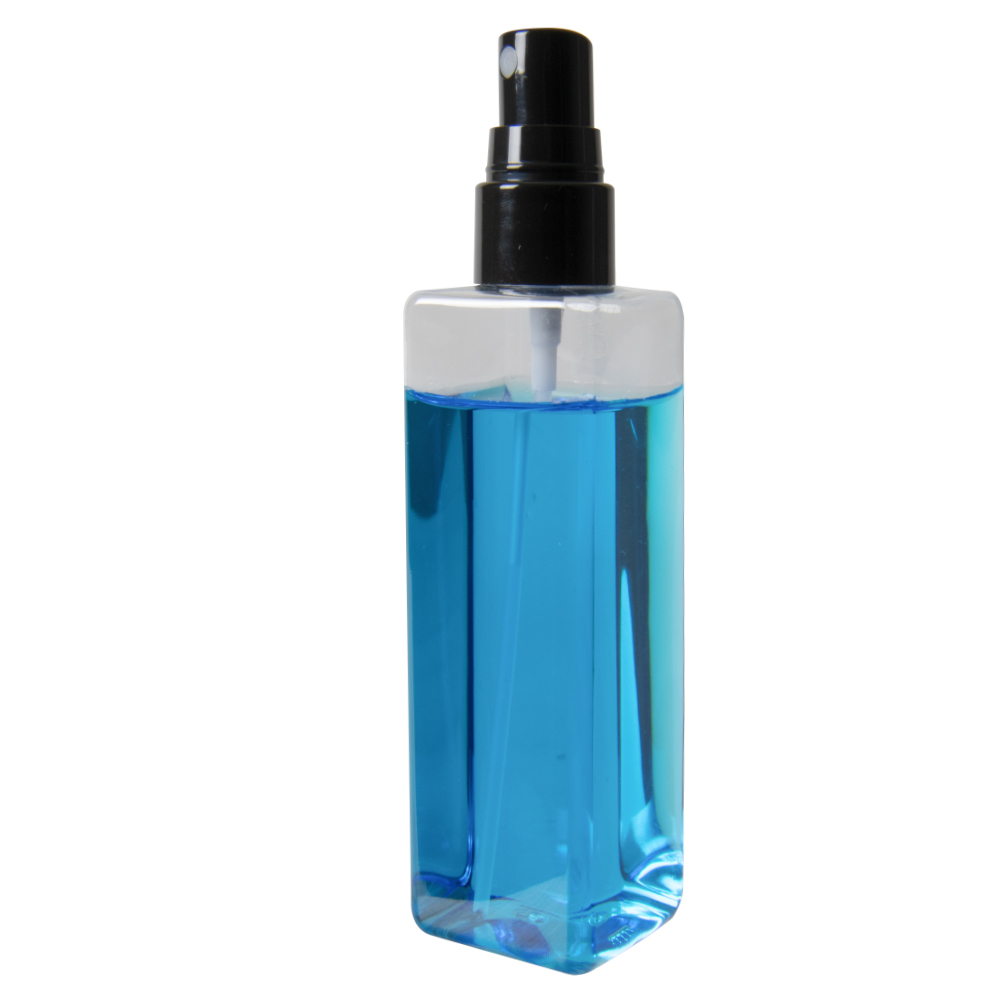 4 oz. Clear PET Square Bottle with 20/410 Smooth Black Fine Mist Finger Sprayer & 0.14mL Output