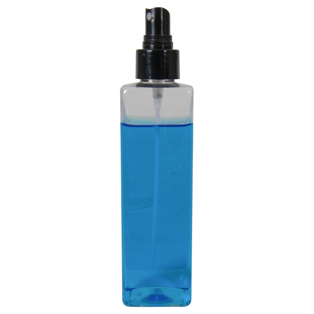 8 oz. Clear PET Square Bottle with 24/410 Smooth Black Fine Mist Finger Sprayer & 0.16mL Output