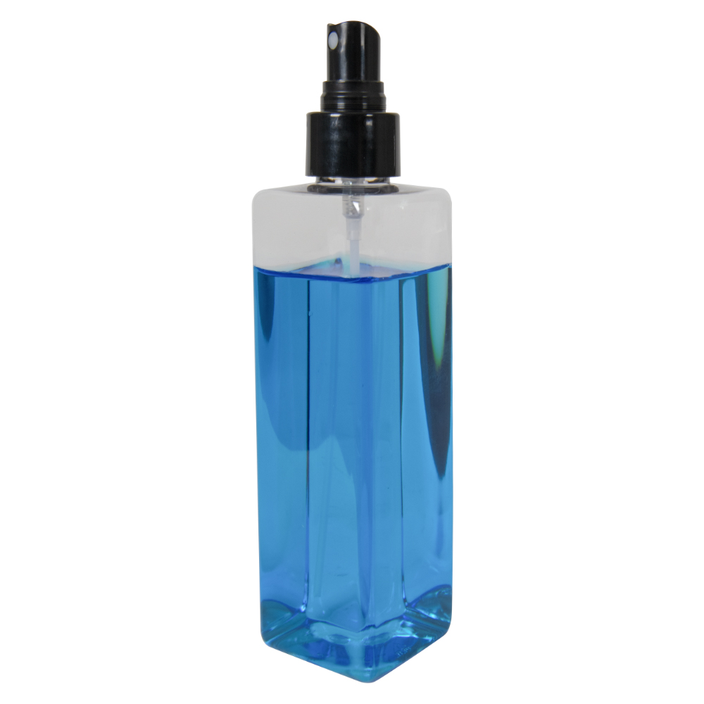 8 oz. Clear PET Square Bottle with 24/410 Smooth Black Fine Mist Finger Sprayer & 0.16mL Output