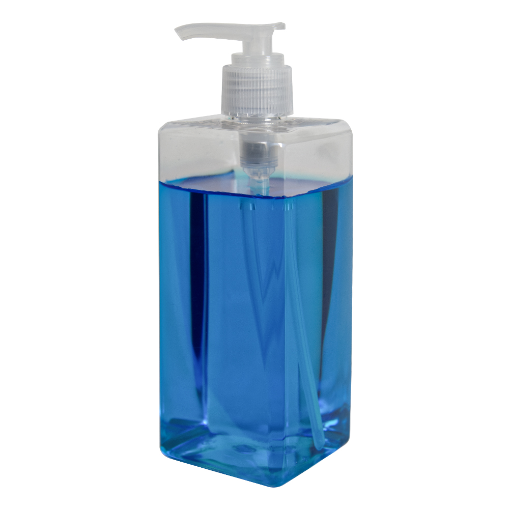 14 oz. Clear PET Square Bottle with 24/410 Ribbed Natural Lock-Down Lotion Pump & 2mL Output