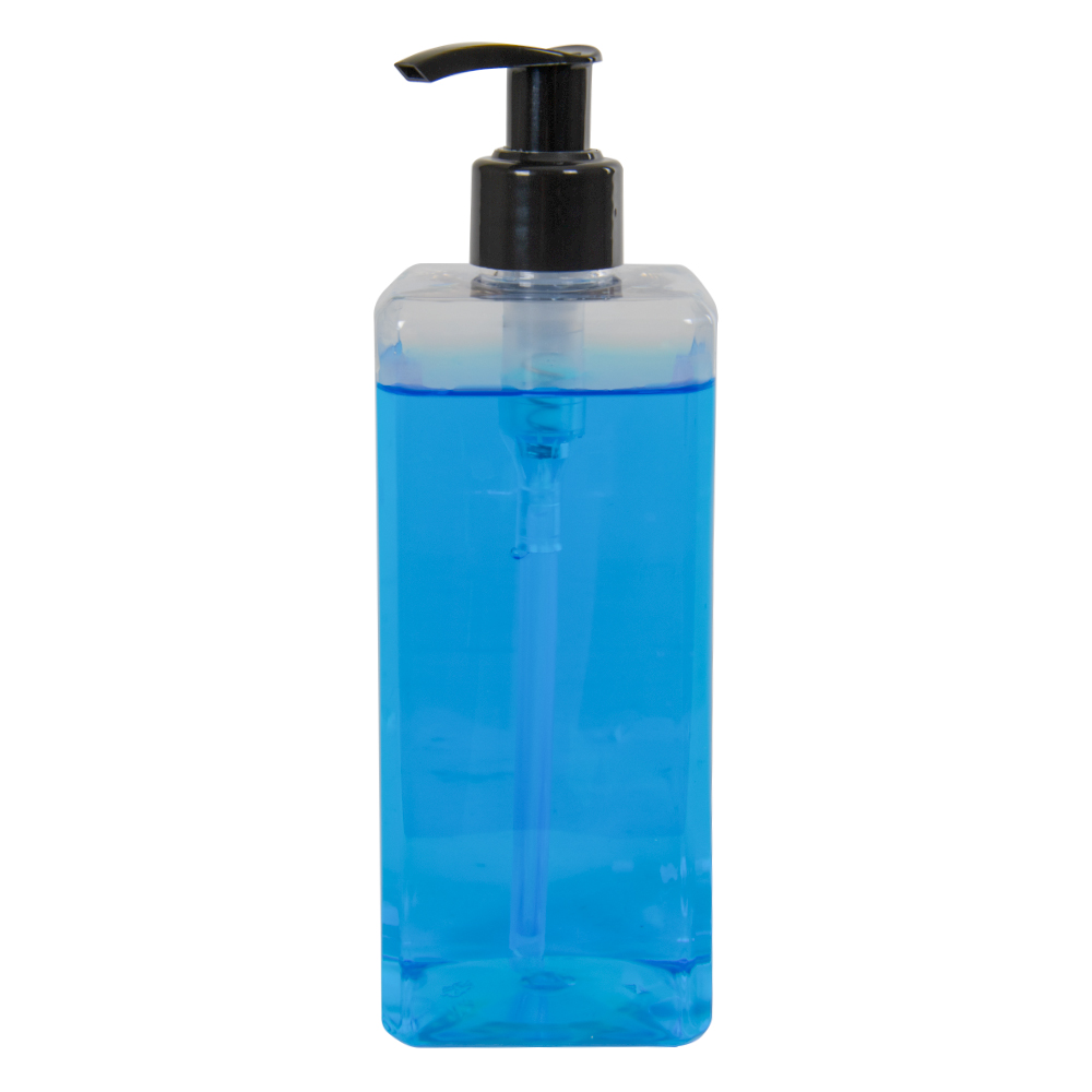 14 oz. Clear PET Square Bottle with 24/410 Smooth Black Lock-Up Lotion Pump & 1.2mL Output