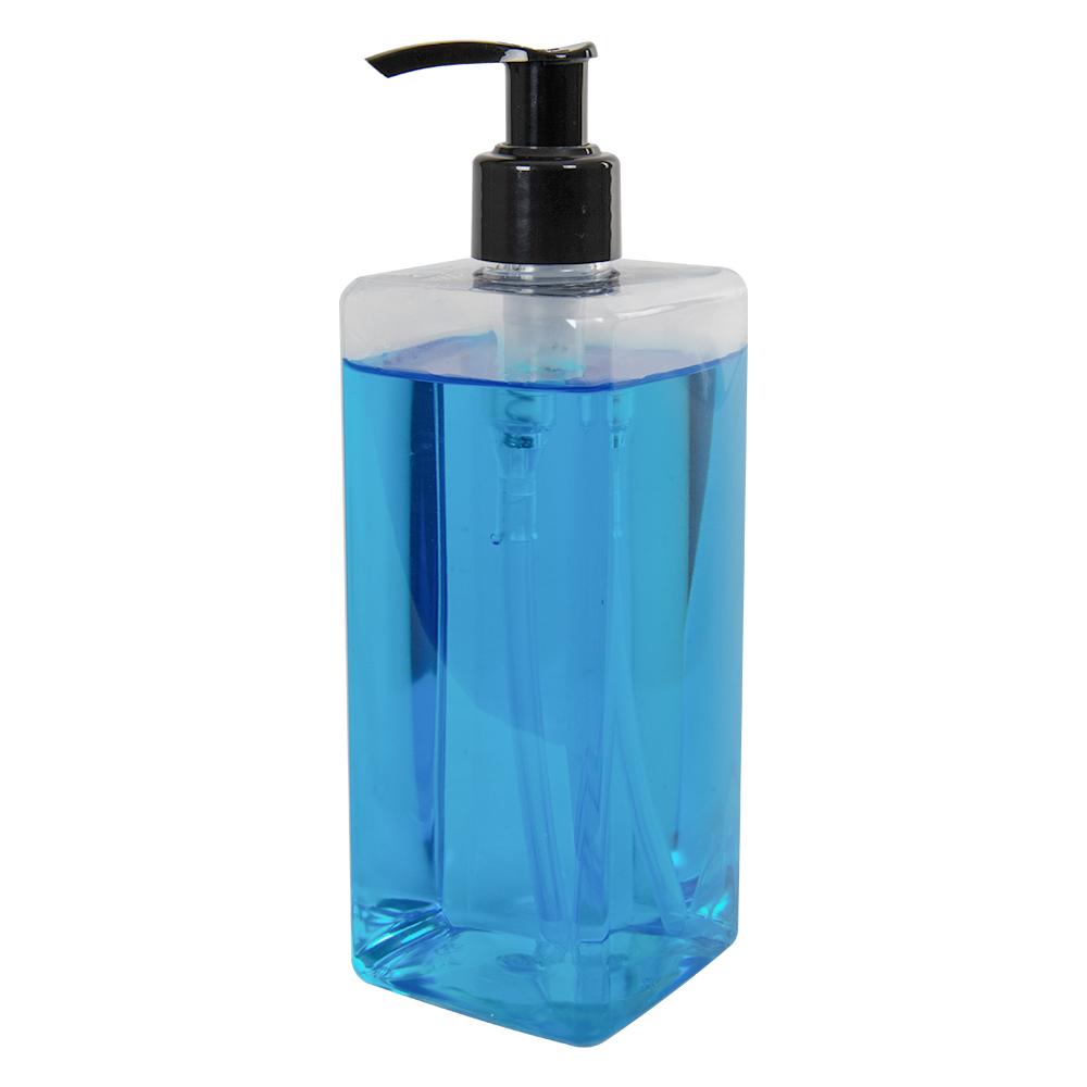 14 oz. Clear PET Square Bottle with 24/410 Smooth Black Lock-Up Lotion Pump & 1.2mL Output