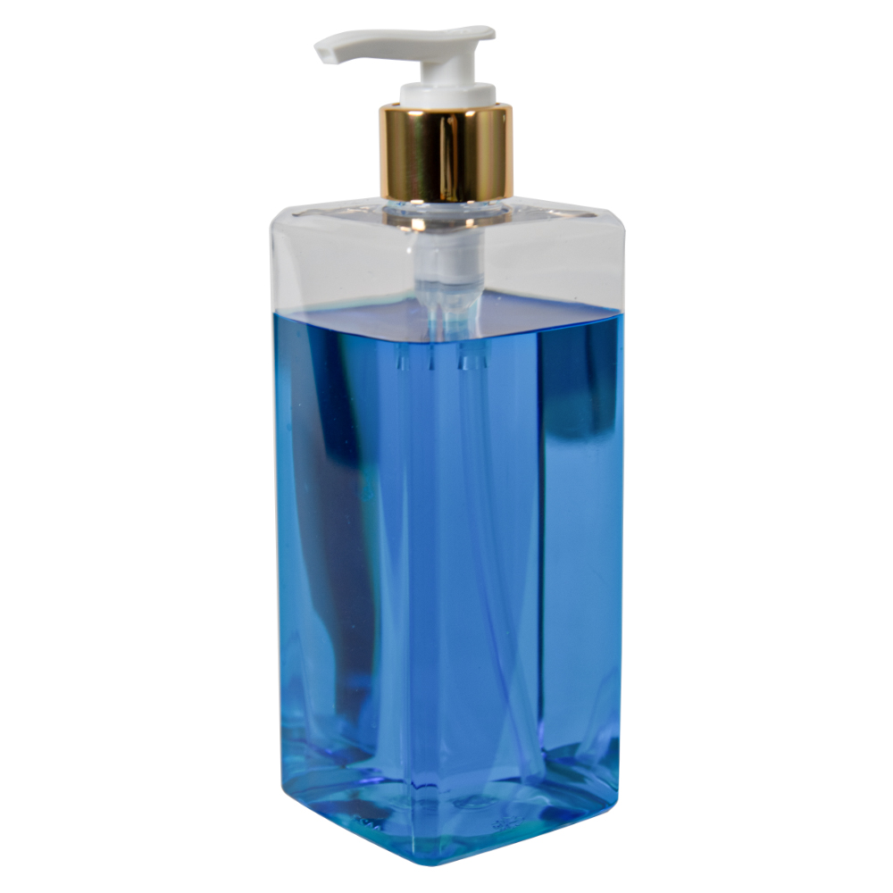14 oz. Clear PET Square Bottle with 24/410 Smooth Gold/White Lock-Down Lotion Pump & 2mL Output
