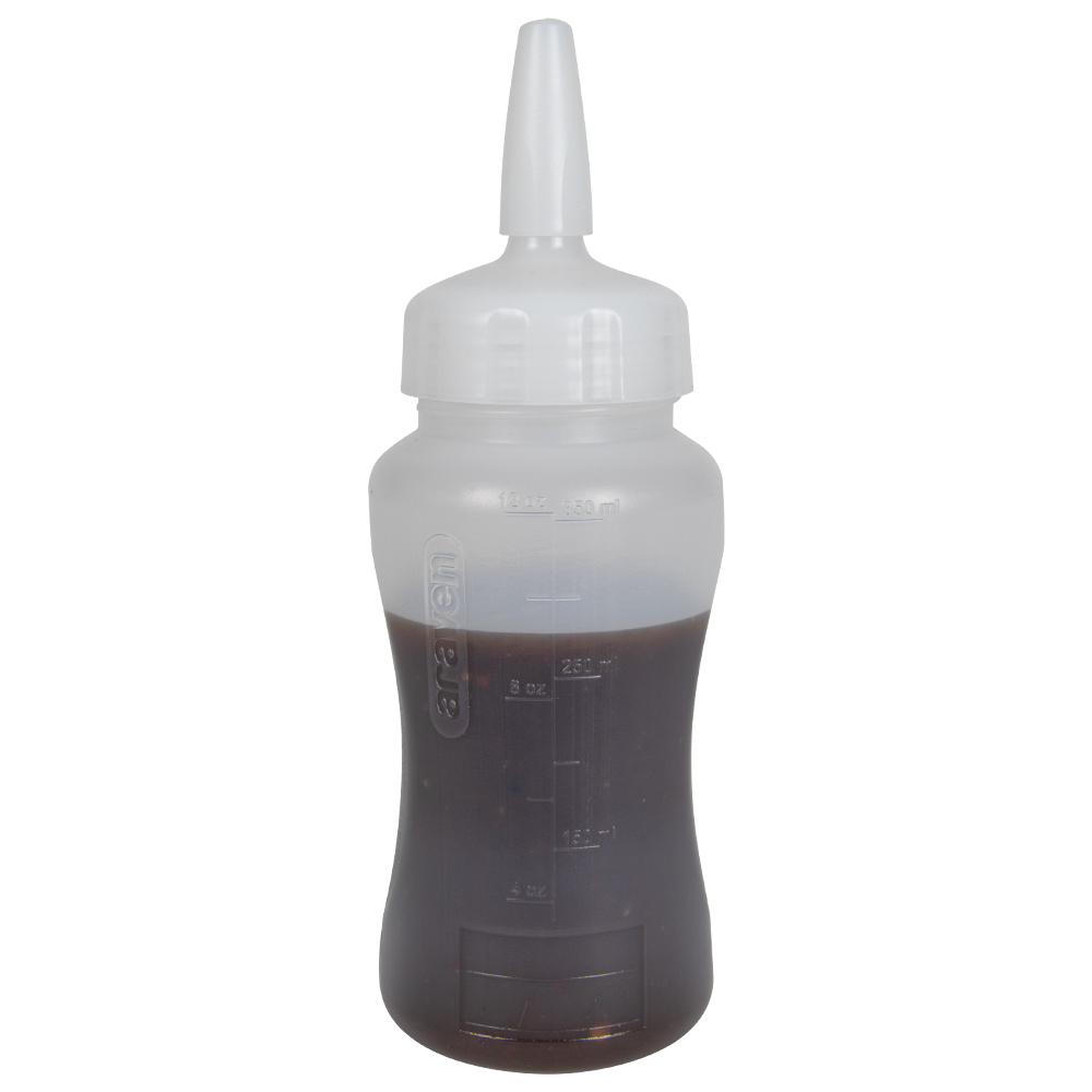12 oz. Natural LDPE Round Wide Mouth Squeeze Sauce Bottle with 53mm White HDPE Precise Dispensing Nozzle Cap