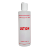 8 oz. Natural HDPE Cylinder Bottle with 24/410 White Disc Top Cap & Red "Lotion" Embossed