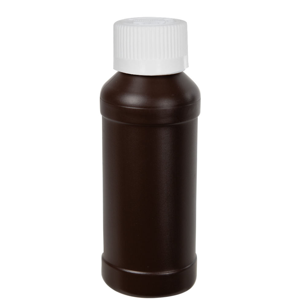 4 oz. Brown HDPE Modern Round Bottle with 28/410 CRC Cap with F217 Liner