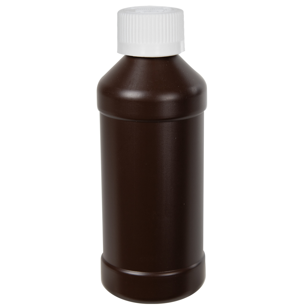 8 oz. Brown HDPE Modern Round Bottle with 28/410 White Ribbed CRC Cap with F217 Liner