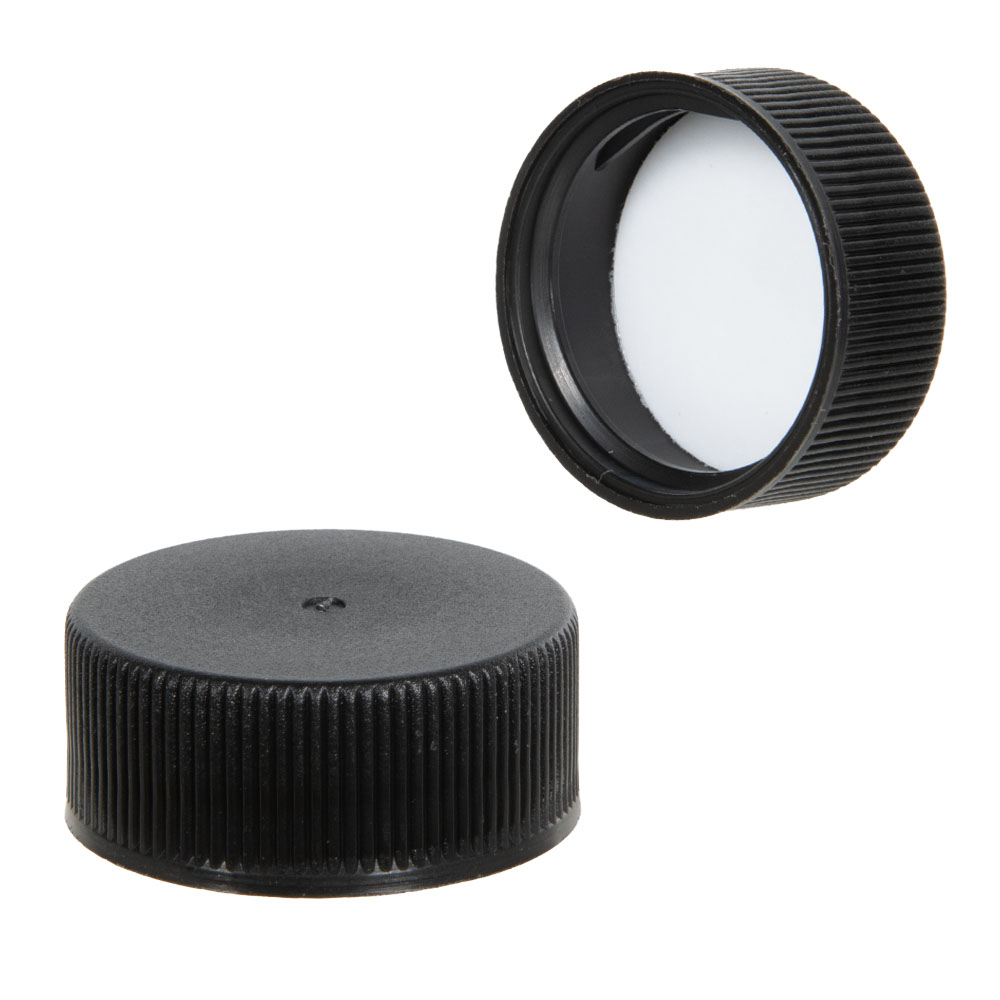 48 Caps Black Polypropylene Ribbed Cap with F217 Liner for 24mm by 410 Thread Mouth Bottle 