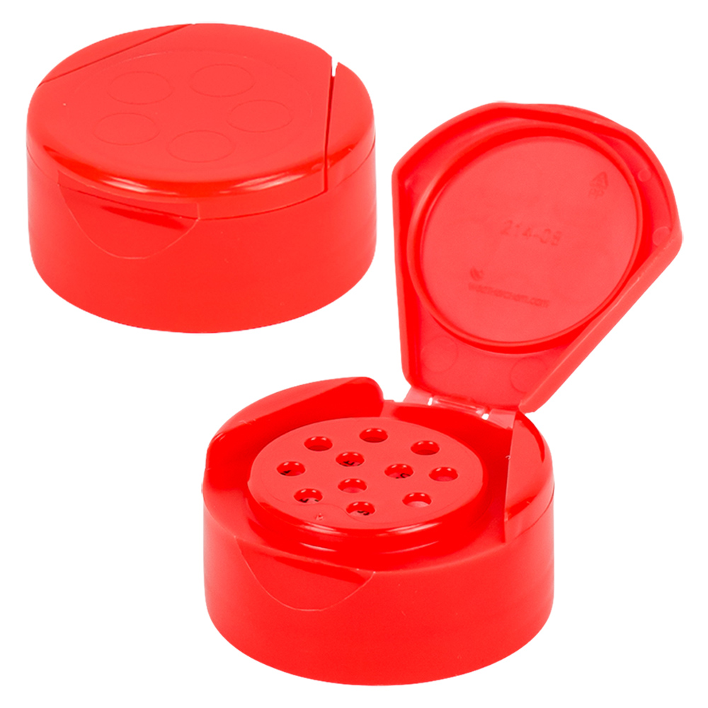 53/485 16 oz. Round Plastic Spice Container and Red Induction-Lined Dual  Flapper Lid with 13 Holes