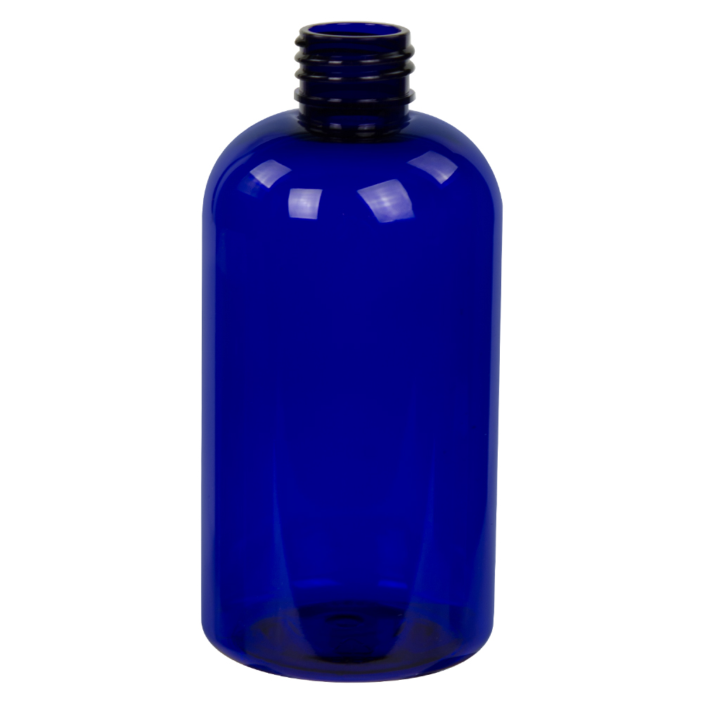 8 oz. Cobalt Blue PET Squat Boston Round Bottle with 24/410 Neck (Caps Sold Separately)